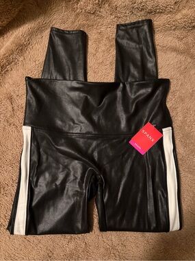 SPANX Black Faux-Leather Leggings with White Side Stripe